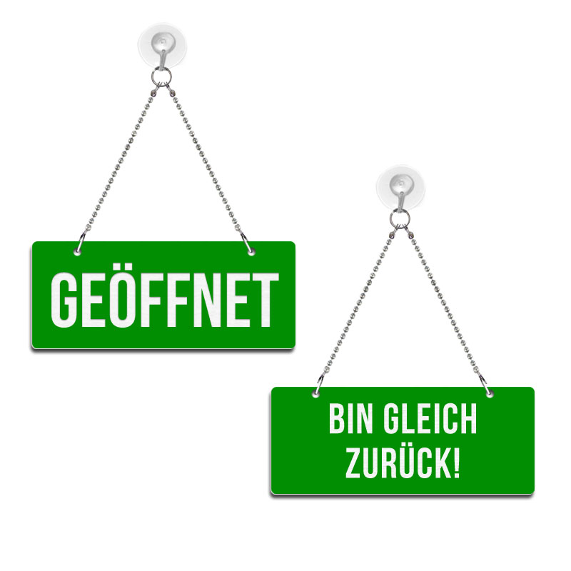 Produktbild: Geöffnet / Bin gleich zurück! - Graviertes Wendeschild in Druckschrift