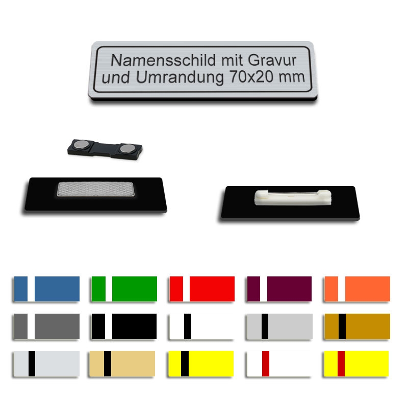 Produktbild: Ansteckschild, 70x20mm mit Umrandung und Ihrer Gravur